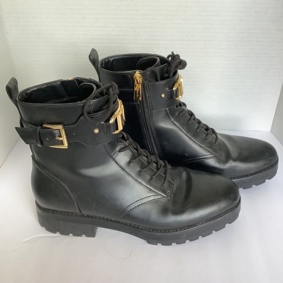 Michael Kors Black Leather Lug Chunky Sole Gold MK Lace Combat Boots 9M MOTO - Picture 1 of 11